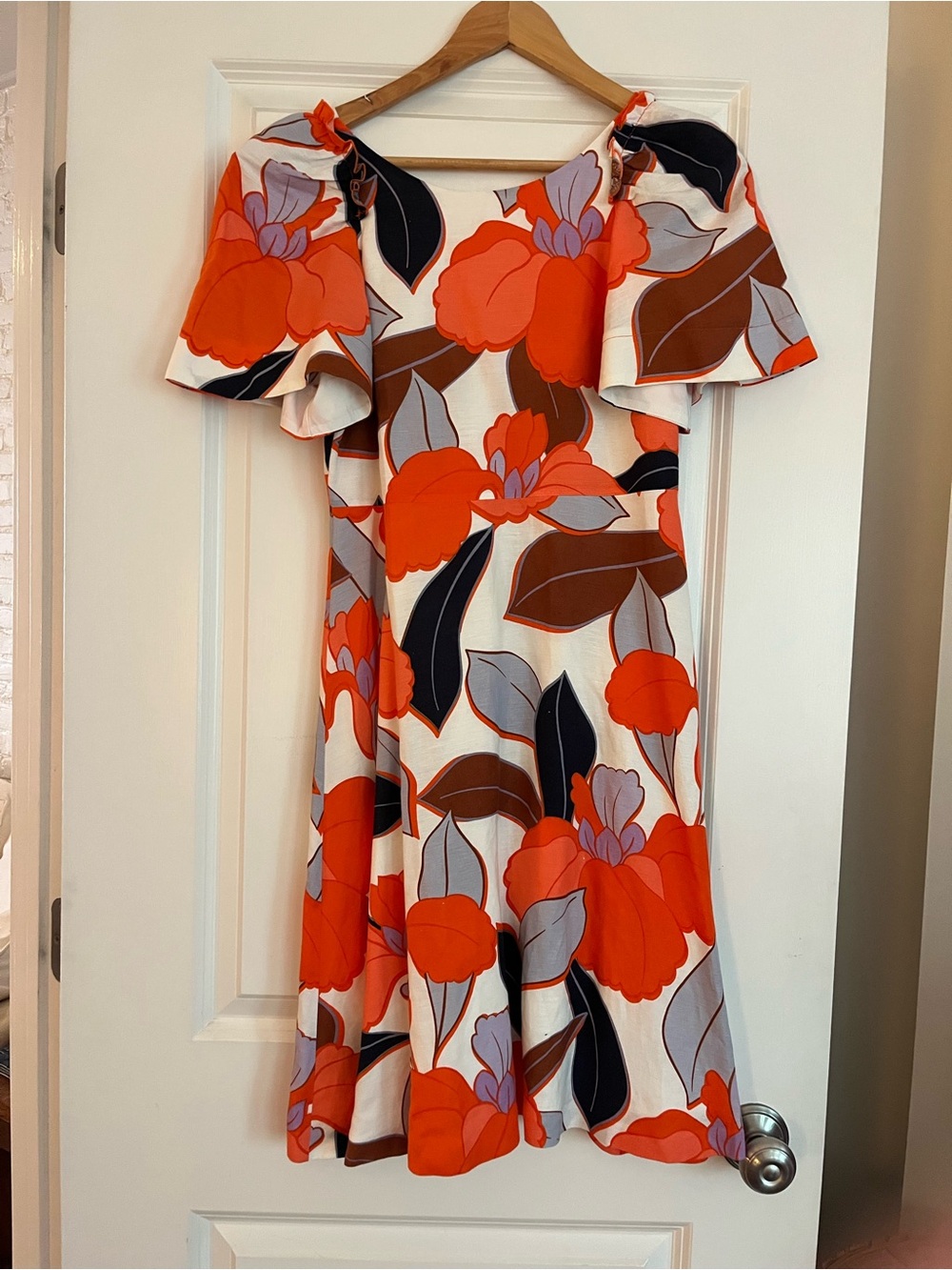 Ann Taylor Orange Navy Cream Floral Linen Blend Dress with Leaves